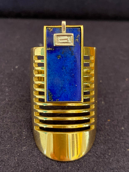 JANINE RENARD (1947),  BAGUE MODERNISTE LAPIS LAZULI DIAMANT