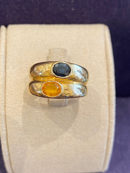 BAGUE DOUBLE JONCS EN OR SAPHIR BLEU ET SAPHIR JAUNE