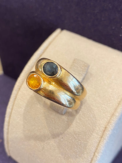BAGUE DOUBLE JONCS EN OR SAPHIR BLEU ET SAPHIR JAUNE