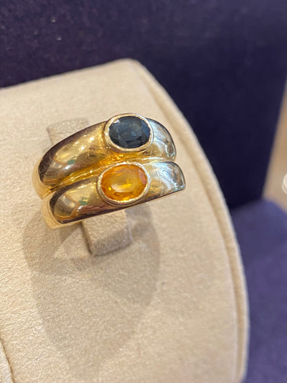 BAGUE DOUBLE JONCS EN OR SAPHIR BLEU ET SAPHIR JAUNE