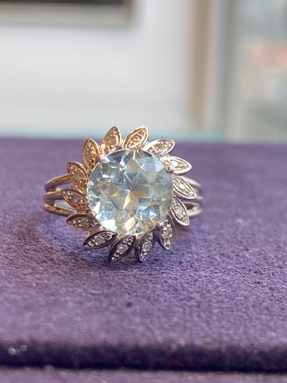 BAGUE MOUVEMENTEE EN OR GRIS & AIGUE-MARINE