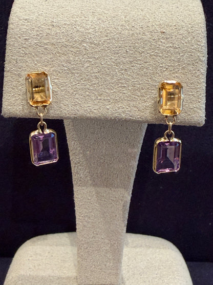 BOUCLES D'OREILLES EN OR CITRINES & AMETHYSTES