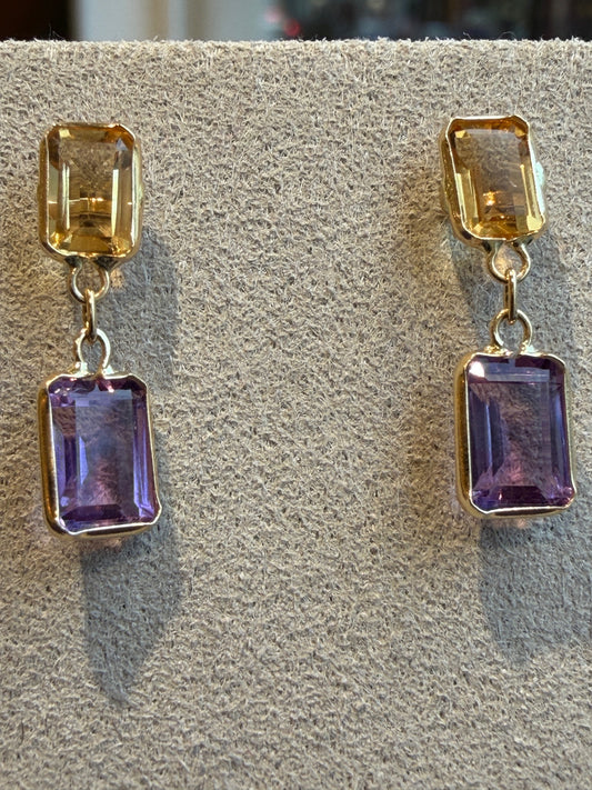 BOUCLES D'OREILLES EN OR CITRINES & AMETHYSTES