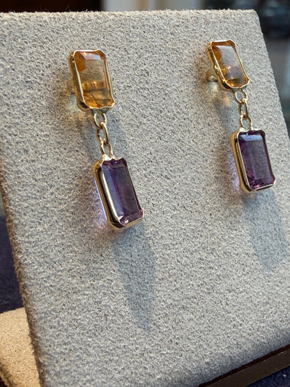 BOUCLES D'OREILLES EN OR CITRINES & AMETHYSTES