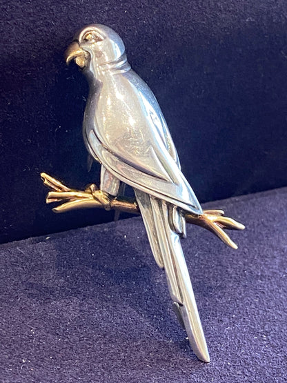 HERMES, BROCHE VINTAGE PERROQUET ARGENT & OR