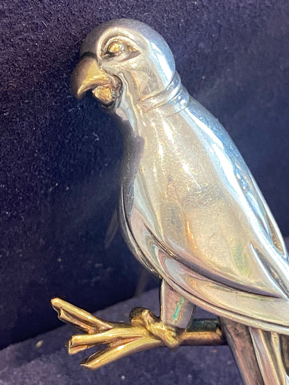 HERMES, BROCHE VINTAGE PERROQUET ARGENT & OR