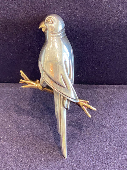 HERMES, BROCHE VINTAGE PERROQUET ARGENT & OR